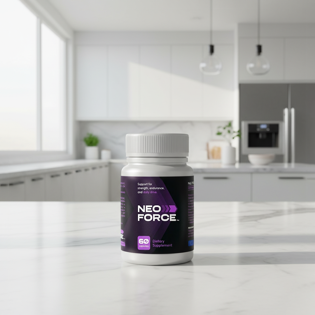 NeoForce bottle beside a glass of water on a countertop